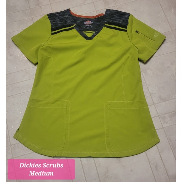 Dickies Scrubs Top Chartreuse Black Trim Medical Uniform Women's Medium - Picture 1 of 1